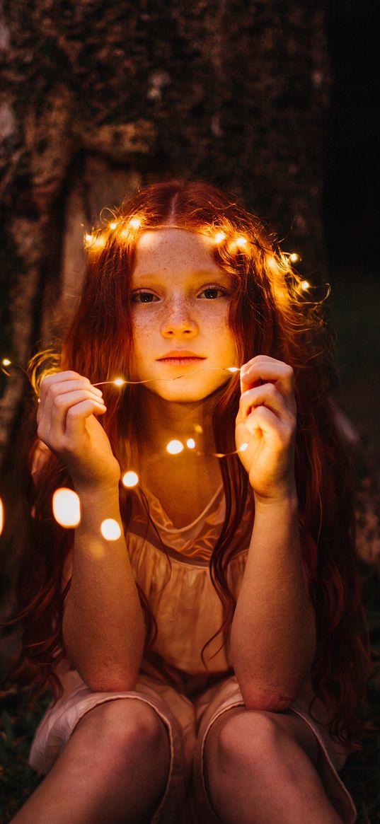 child, red-haired, garland, girl, glare