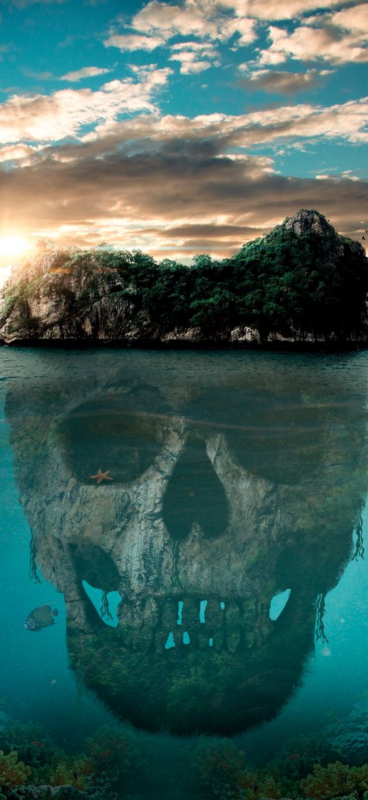 skull, island, mystical, mysterious, ocean