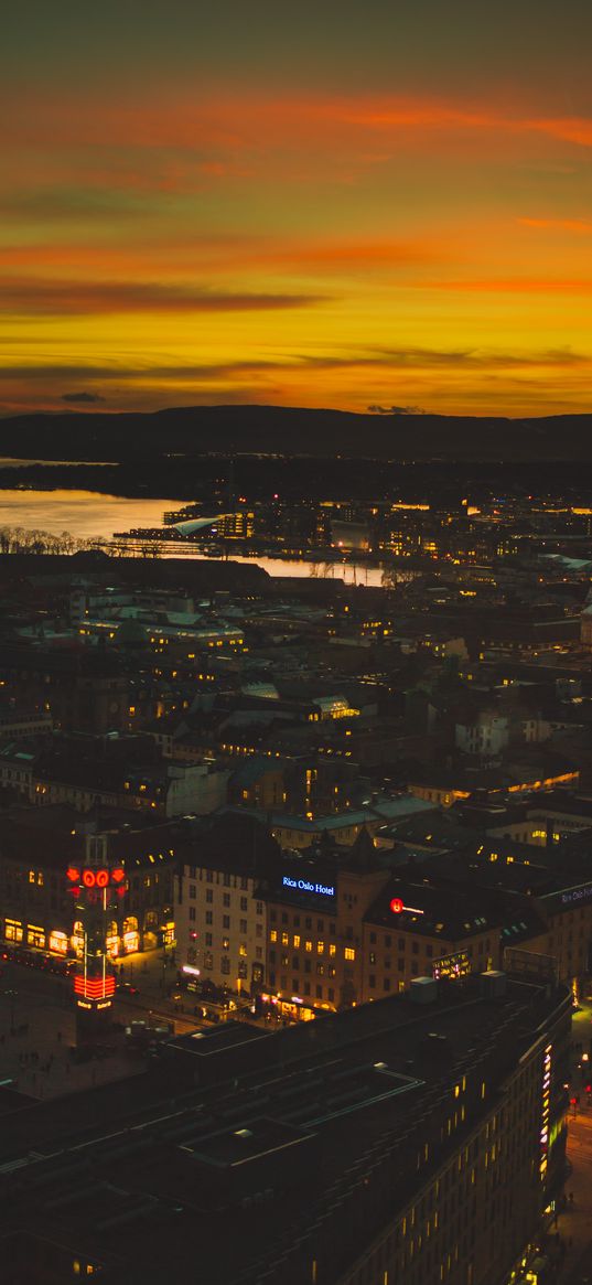 night city, sunset, horizon, oslo, norway