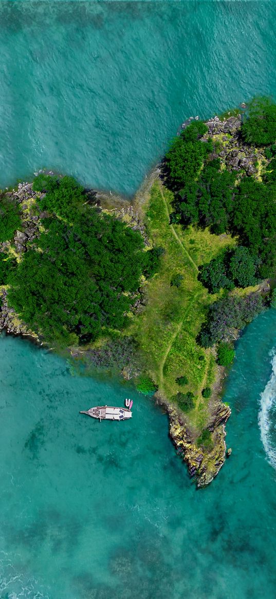 island, heart, ocean, view from above