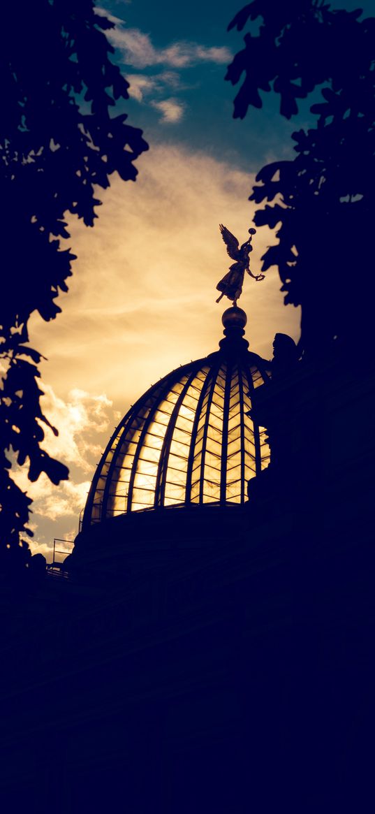 dome, sculpture, dresden academy of fine arts, roof, sunset, dresden