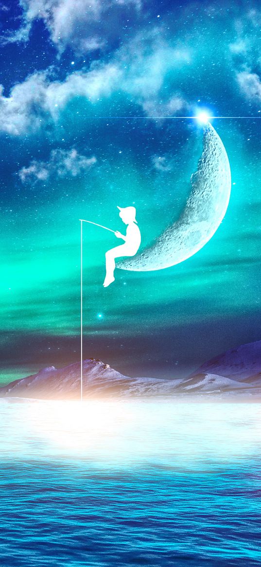 fisherman, moon, fantasy, photoshop, silhouette