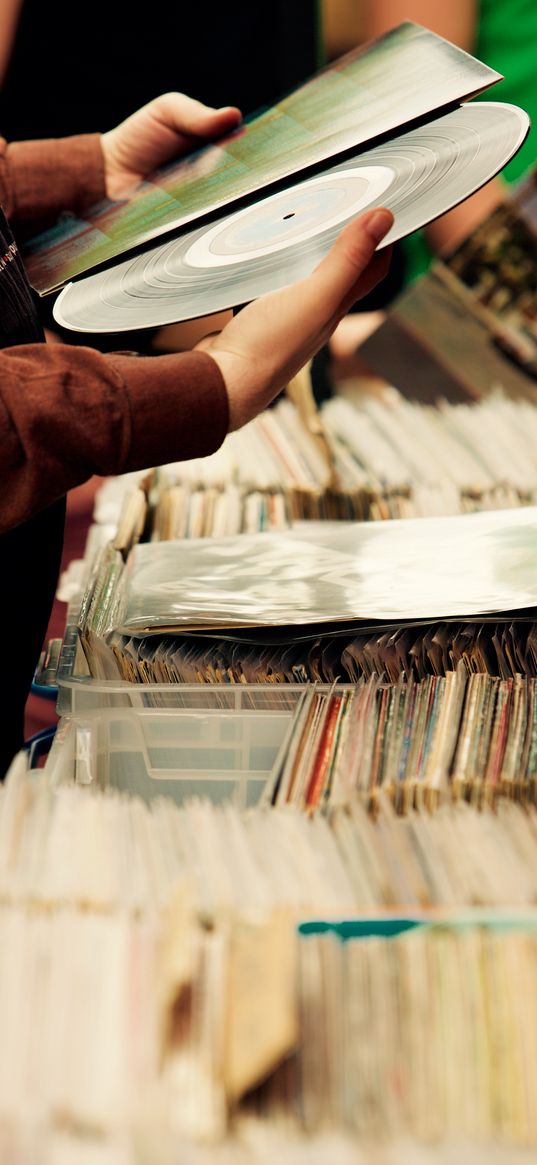 vinyl record, collection, hands