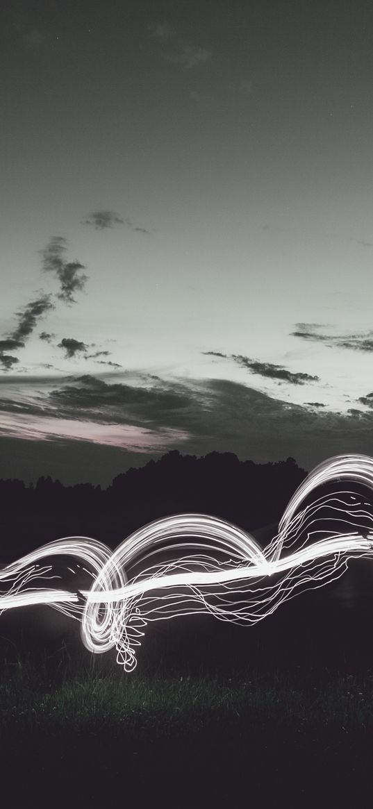 light art, long exposure, sunset, field, night