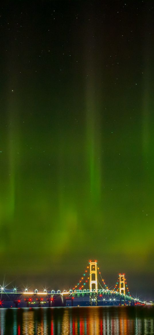 northern lights, aurora, bridge, night, michigan, usa