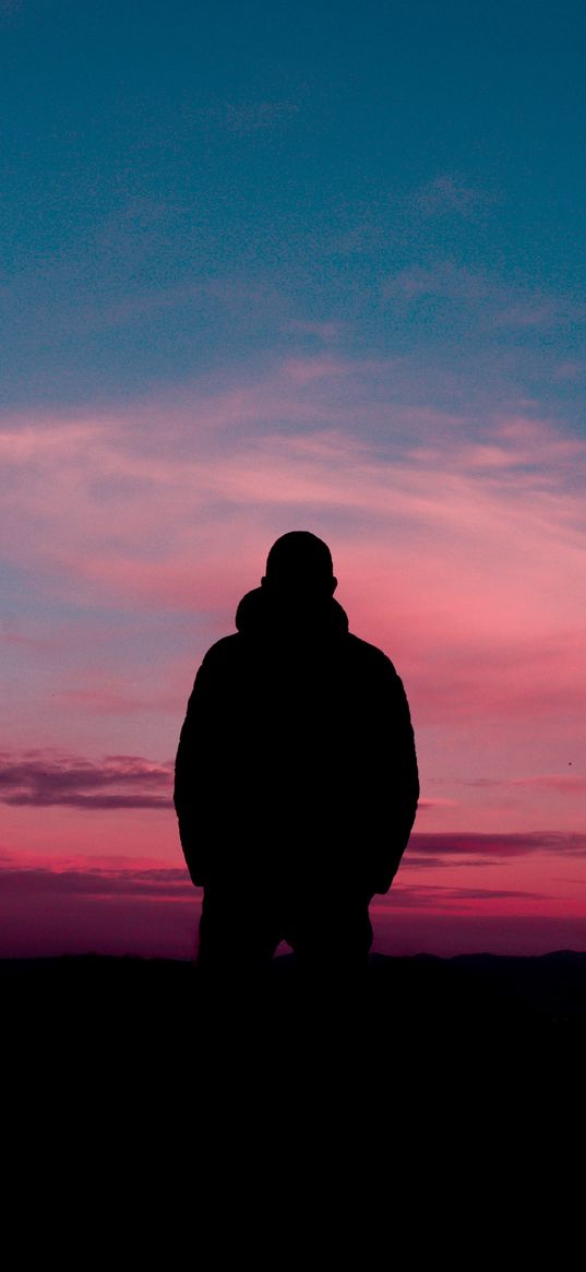 silhouette, sunset, horizon, alone, solitude