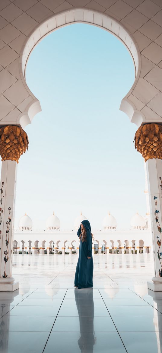 girl, mosque, architecture, arch