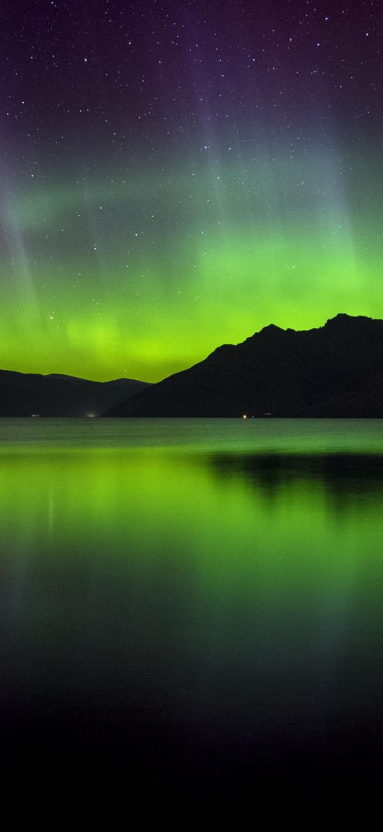 northern lights, aurora, mountains, sunset, lake, new zealand