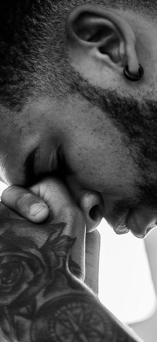 man, tattoo, prayer, bw