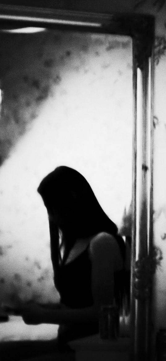 mirror, reflection, girl, bw, loneliness