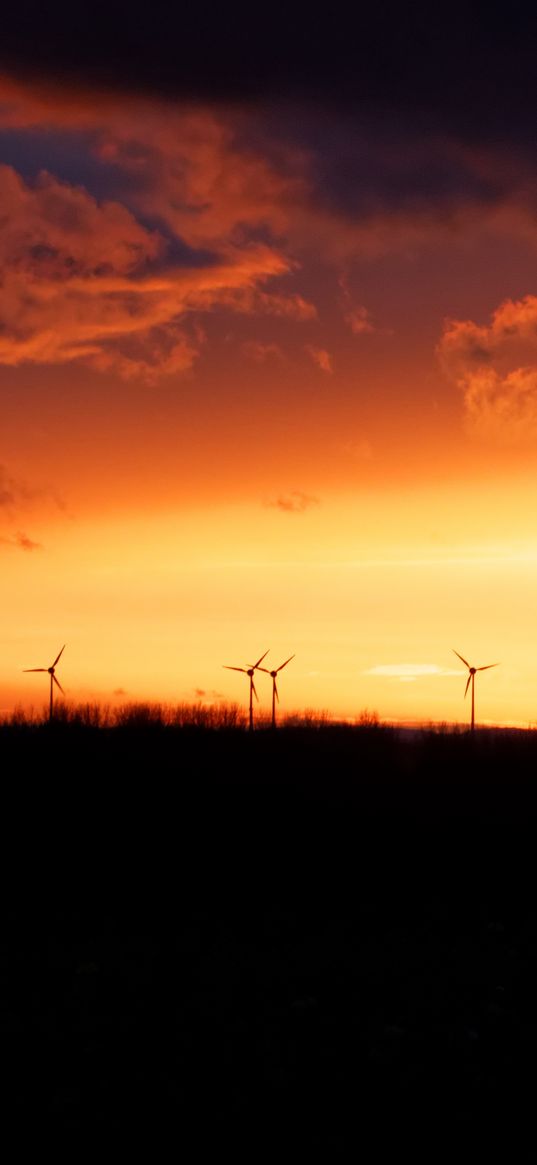 wind turbines, sunset, horizon, clouds