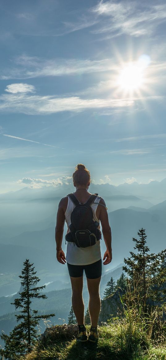 mountain, peak, tourist, man, sunlight