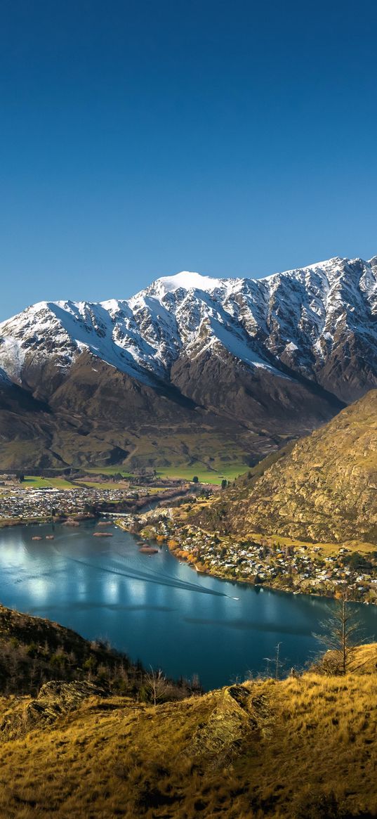 lake, mountains, foothills, ridge, queenstown, new zealand