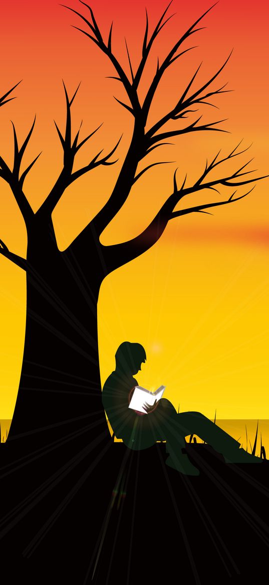 silhouette, loneliness, reading, tree