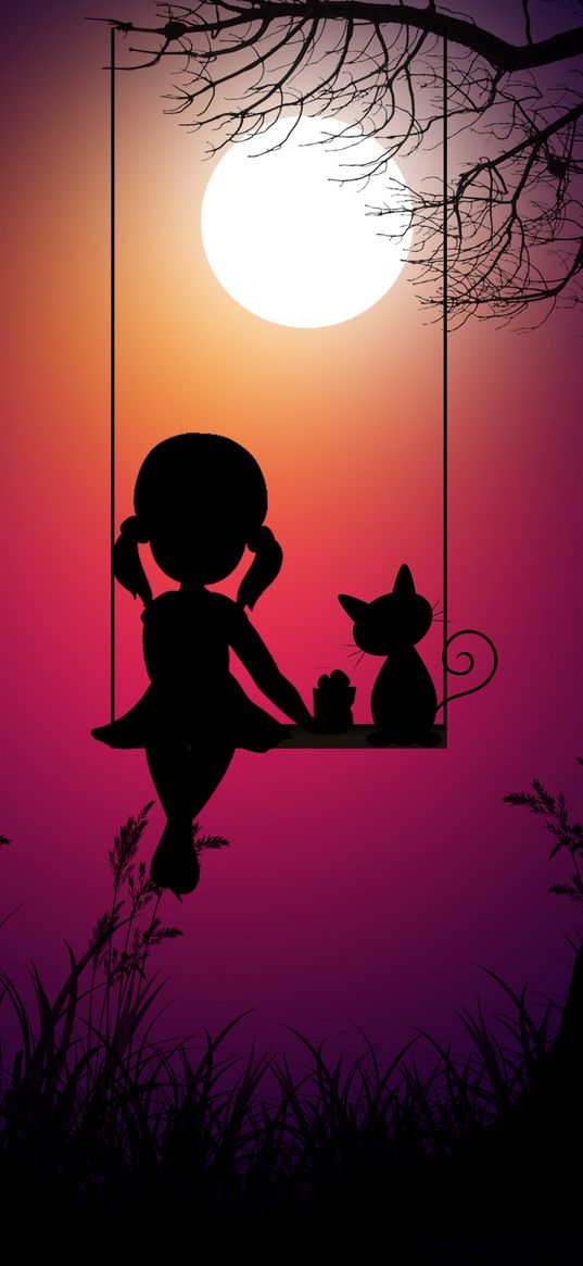 silhouettes, girl, swings, cat, art