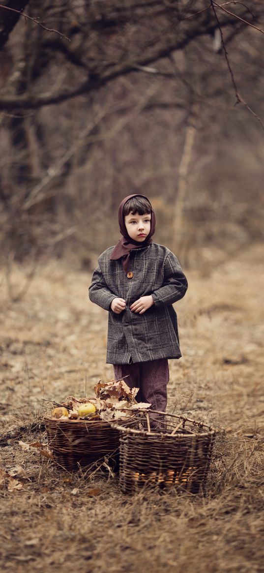 child, forest, headscarf, autumn, baskets