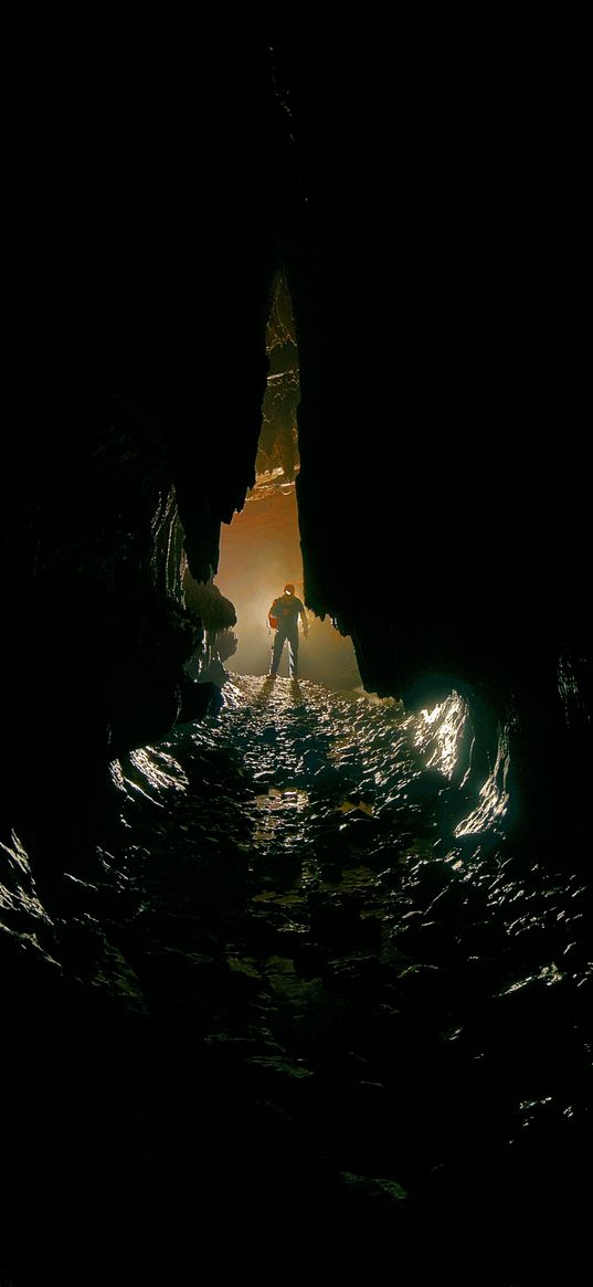 cave, man, silhouette, loneliness, river