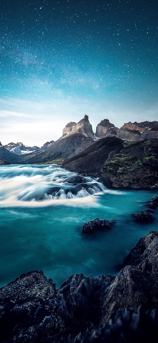 waterfall, lake, rocks, torres del paine, national park, chile