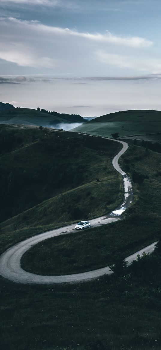 road, mountains, fog, winding