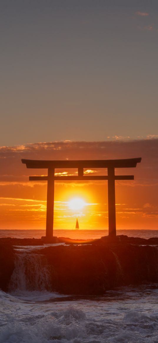 sea, arch, sunset, torii, japan