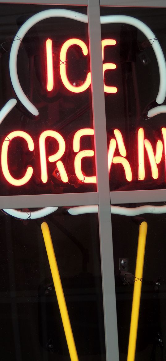 neon, inscription, ice cream, window, signboard