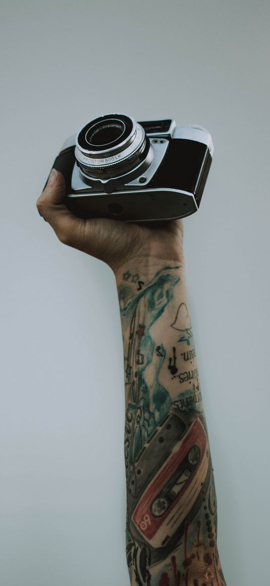 camera, hand, tattoos