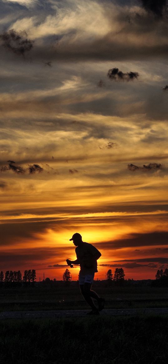 silhouette, running, sunset, athlete, clouds, sky