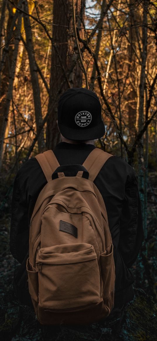 backpack, forest, travel, cap