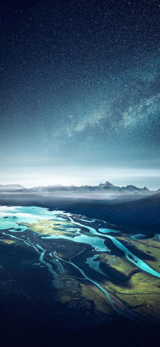 bay, starry sky, mountains, fjord