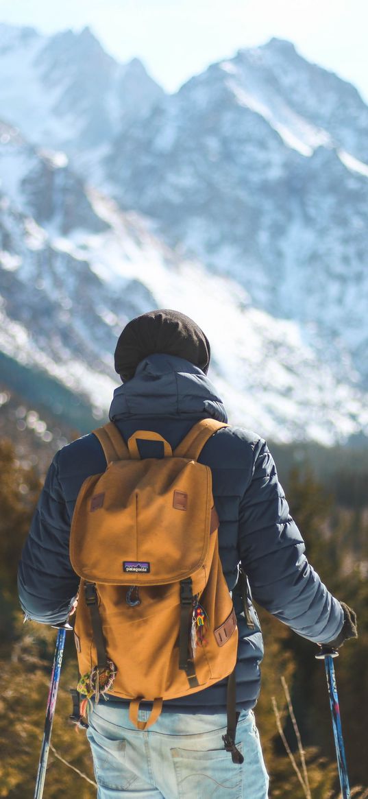 skier, backpack, mountains, travel