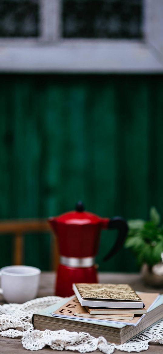 books, coffee pot, cup, blur