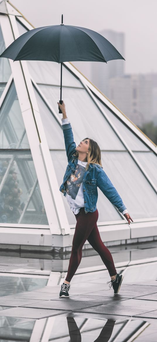 girl, umbrella, roof, dance