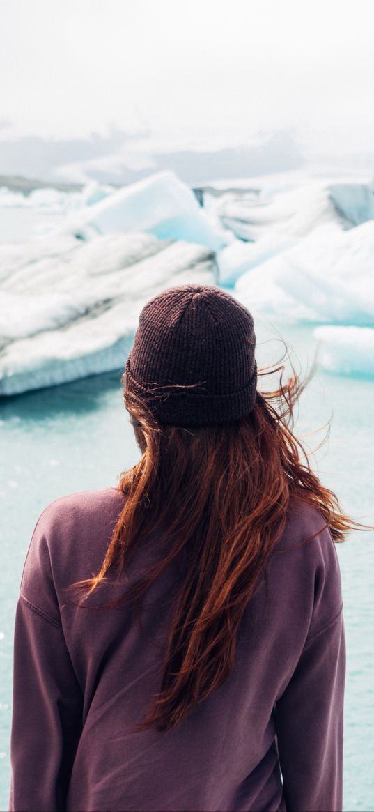 girl, iceberg, wind, glacier, hat