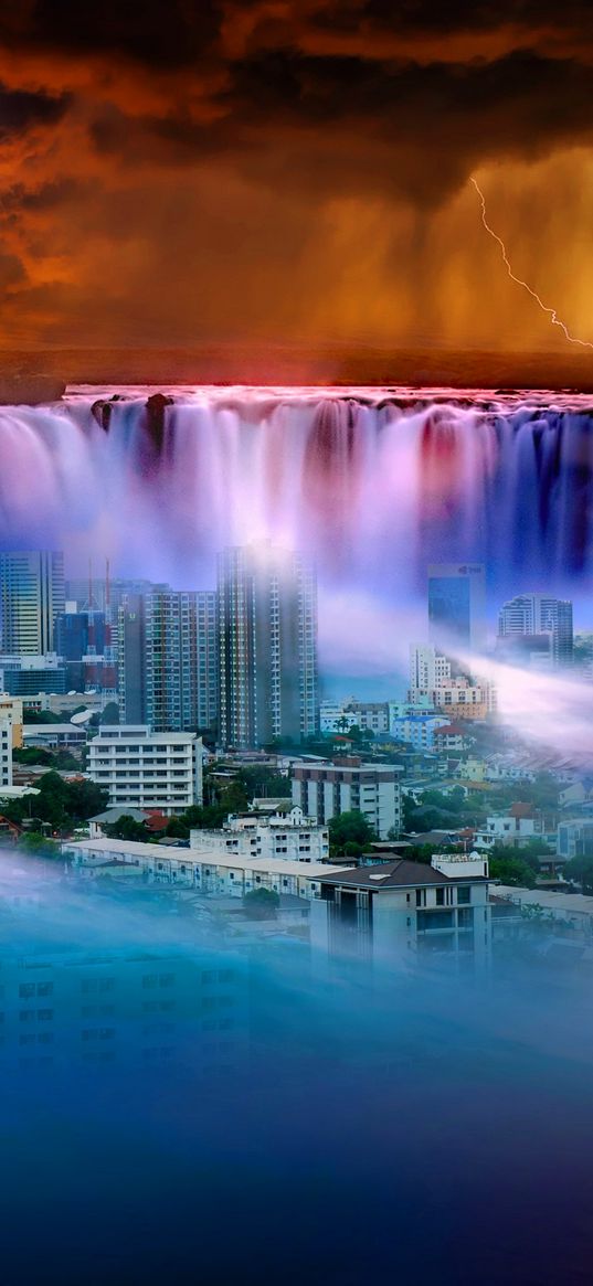 waterfall, city, fantasy, surrealism