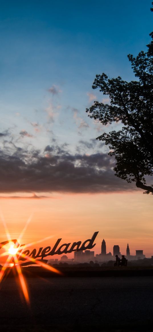 cleveland, night city, sunset, silhouettes, inscription, sunlight