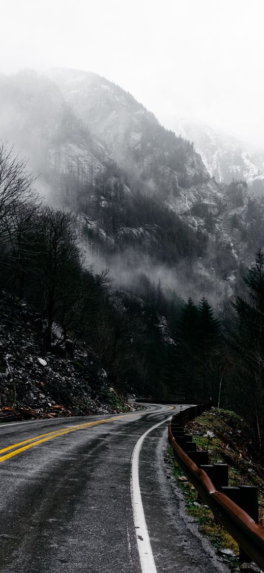 mountains, road, turn, fog