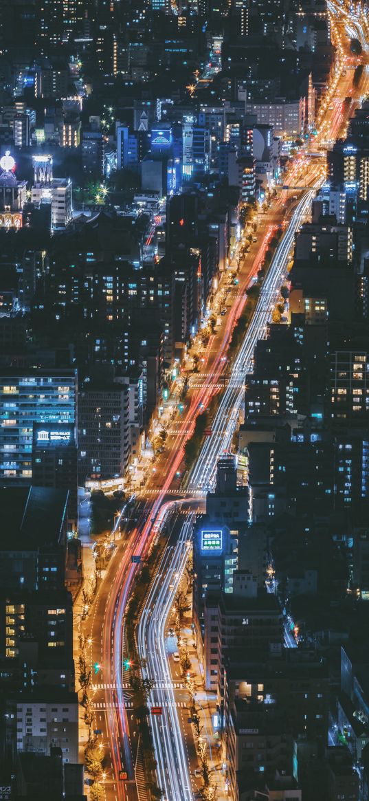 night city, view from above, osaka, city lights, japan