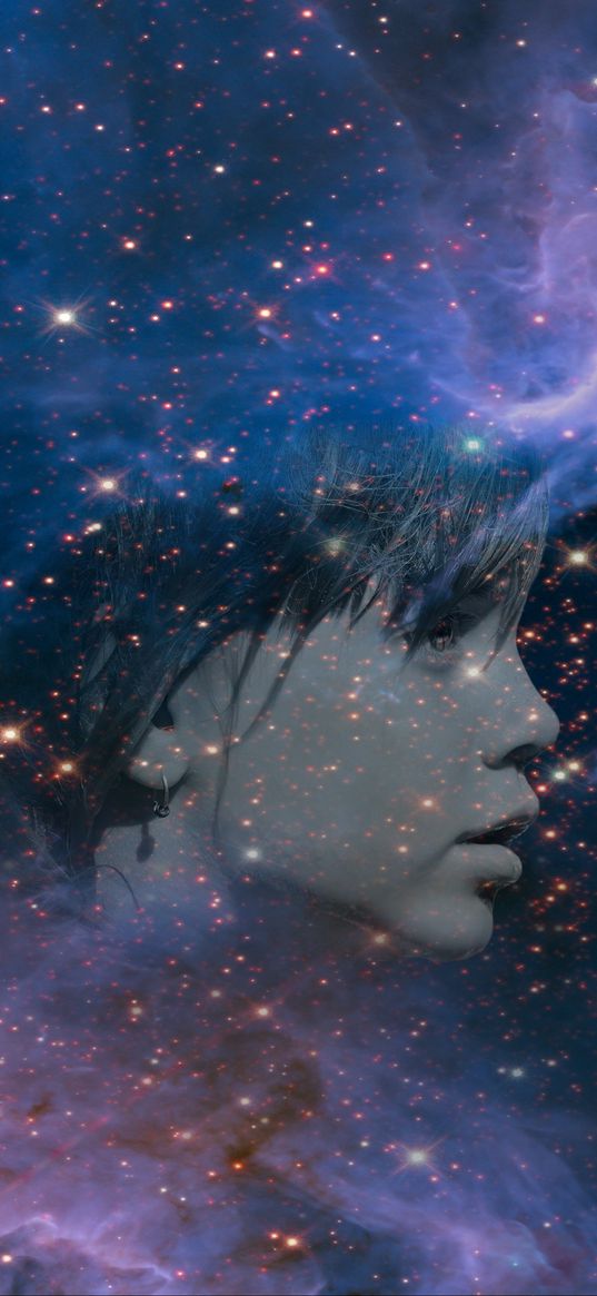 double exposure, face, space, stars