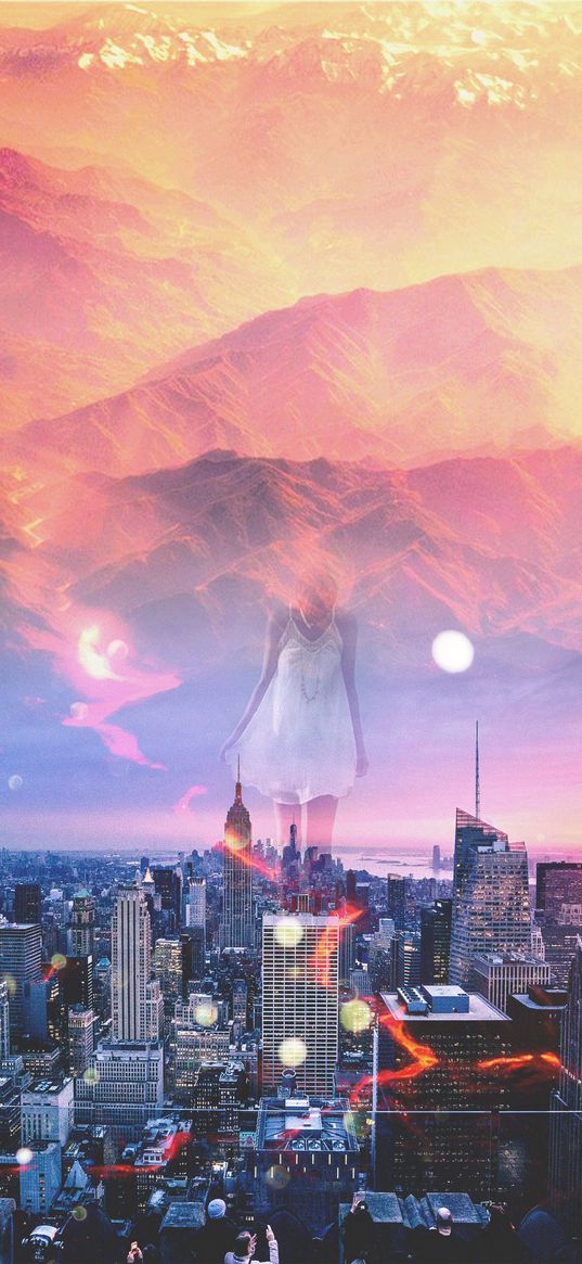 double exposure, city, girl, mountains, photoshop