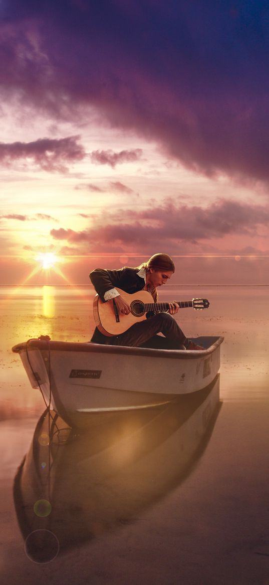 guitar, guitarist, boat, sea, sunset, horizon, musician