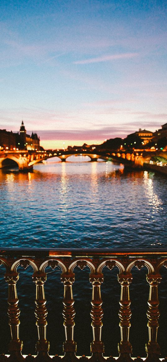 paris, night city, railing, river, france