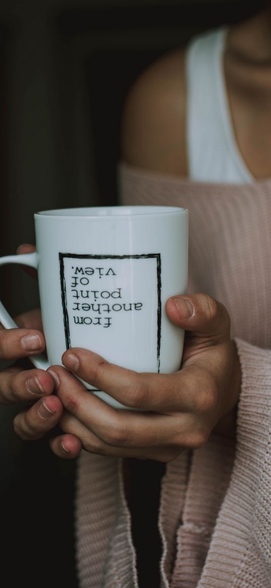 hands, mug, inscription, mood