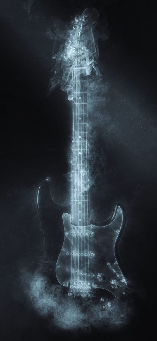 guitar, smoke, bw, dark, musical instrument