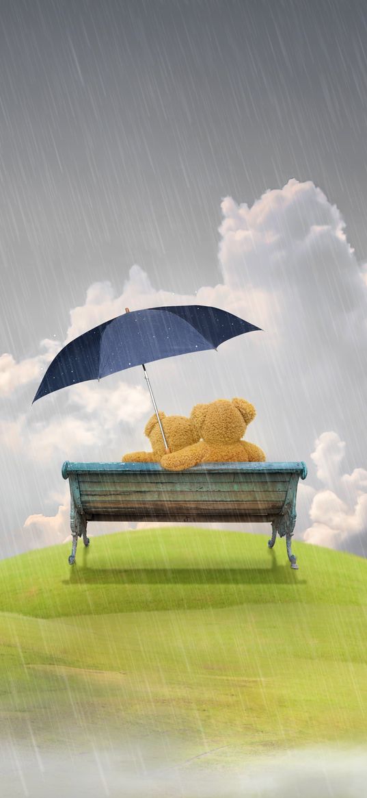 bench, rain, teddy bear, love