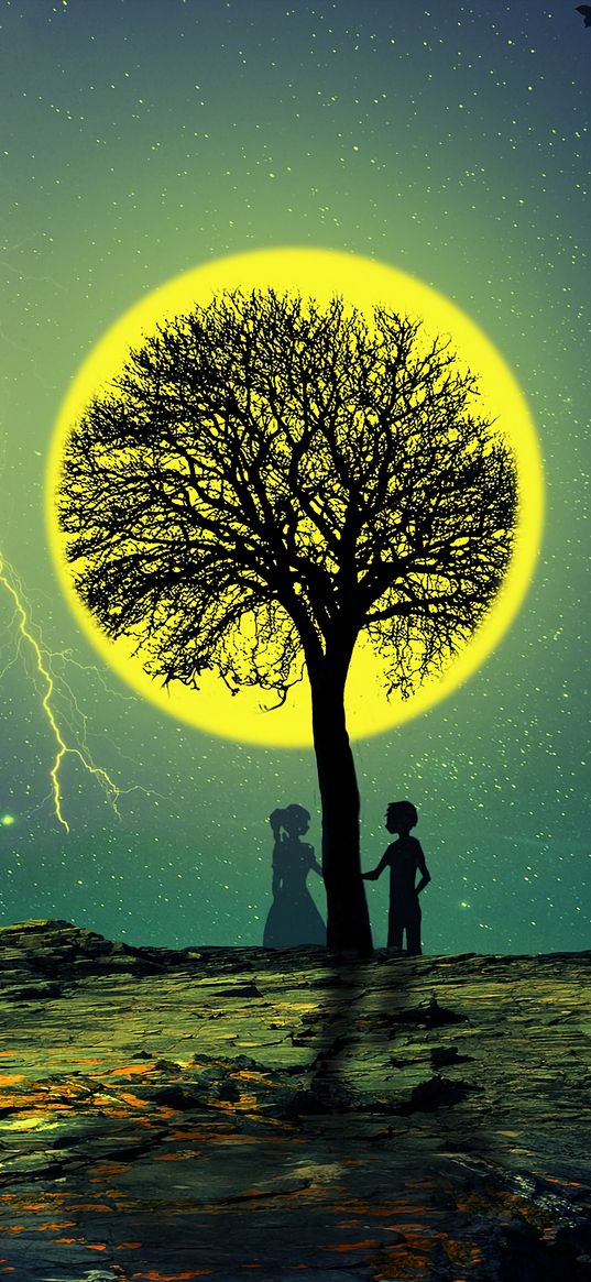 silhouettes, tree, love, couple, lightning, stars, night