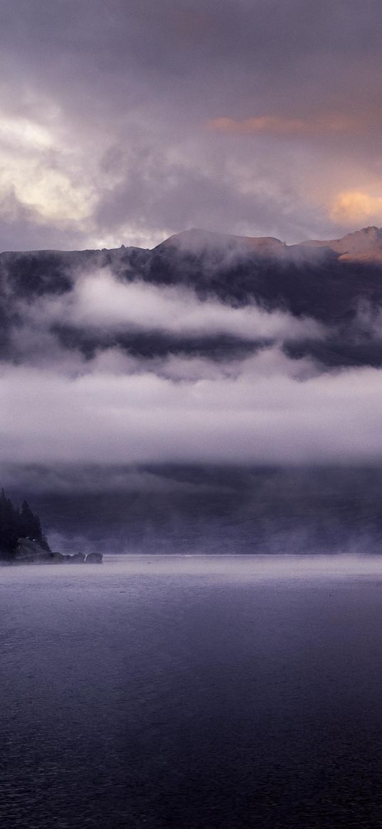 mountains, lake, fog, clouds, peaks, queenstown, new zealand