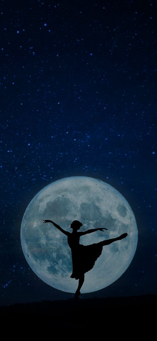 ballerina, full moon, silhouette, starry sky, night