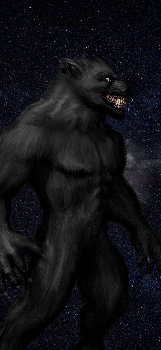 werewolf, monster, grin, starry sky, full moon, night