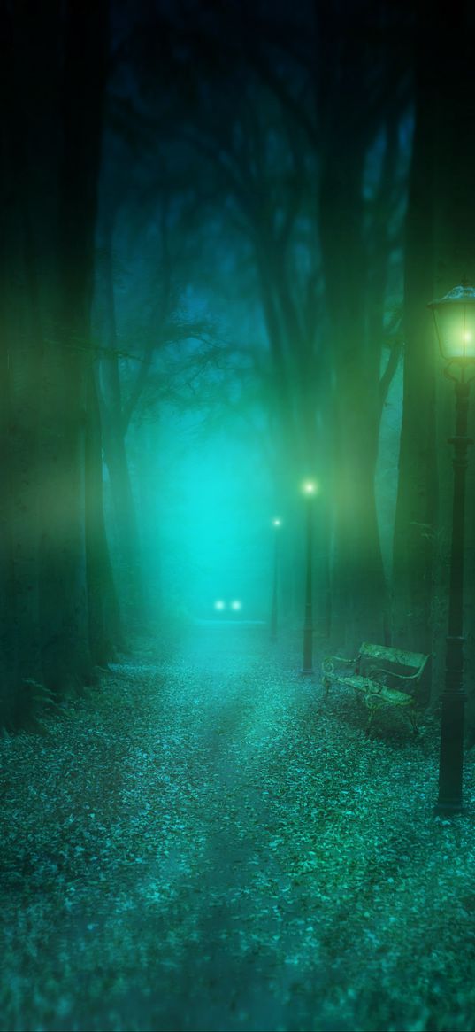 park, fog, lantern, bench, mystical