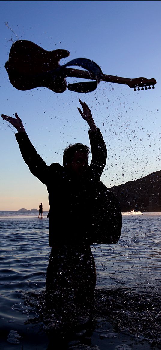 guitar, spray, silhouette, sea, musical instrument, musician